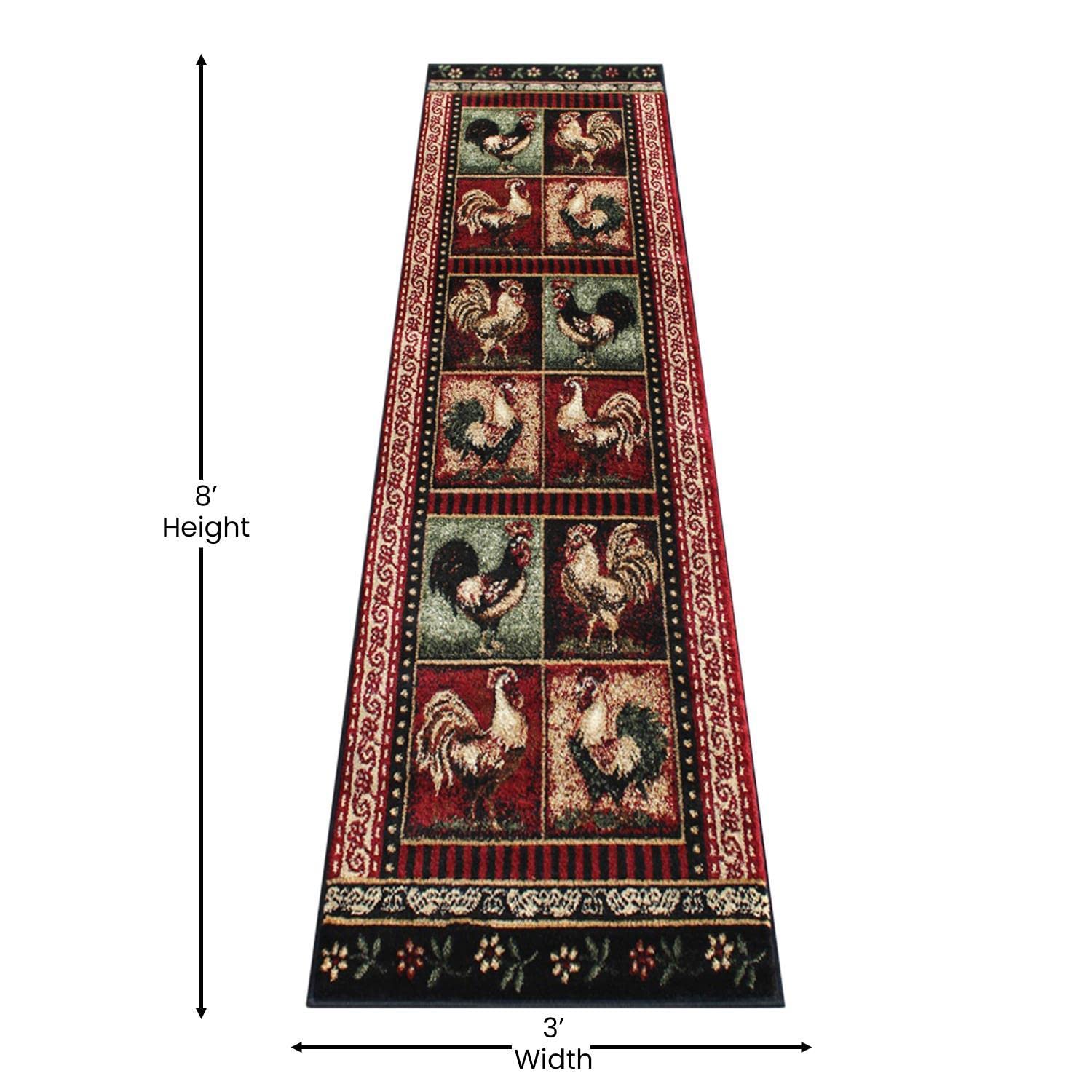 Flash Furniture Gallus Collection Rooster Themed Olefin Area Rug - Black Background - 2' x 7' - Jute Backing - Kitchen, Living Room, Bedroom