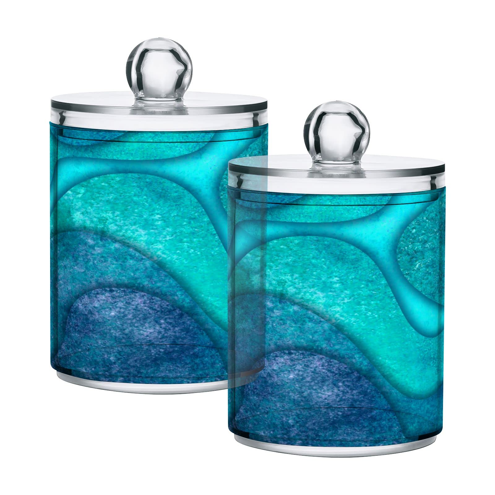 Teal Turquoise Waves Qtip Dispenser Apothecary Jars Blue Marble Texture Qtips Holder Bathroom Storage Canister Plastic Jar 10 Oz for Cotton Ball Swab Round Pads Floss 2pcs