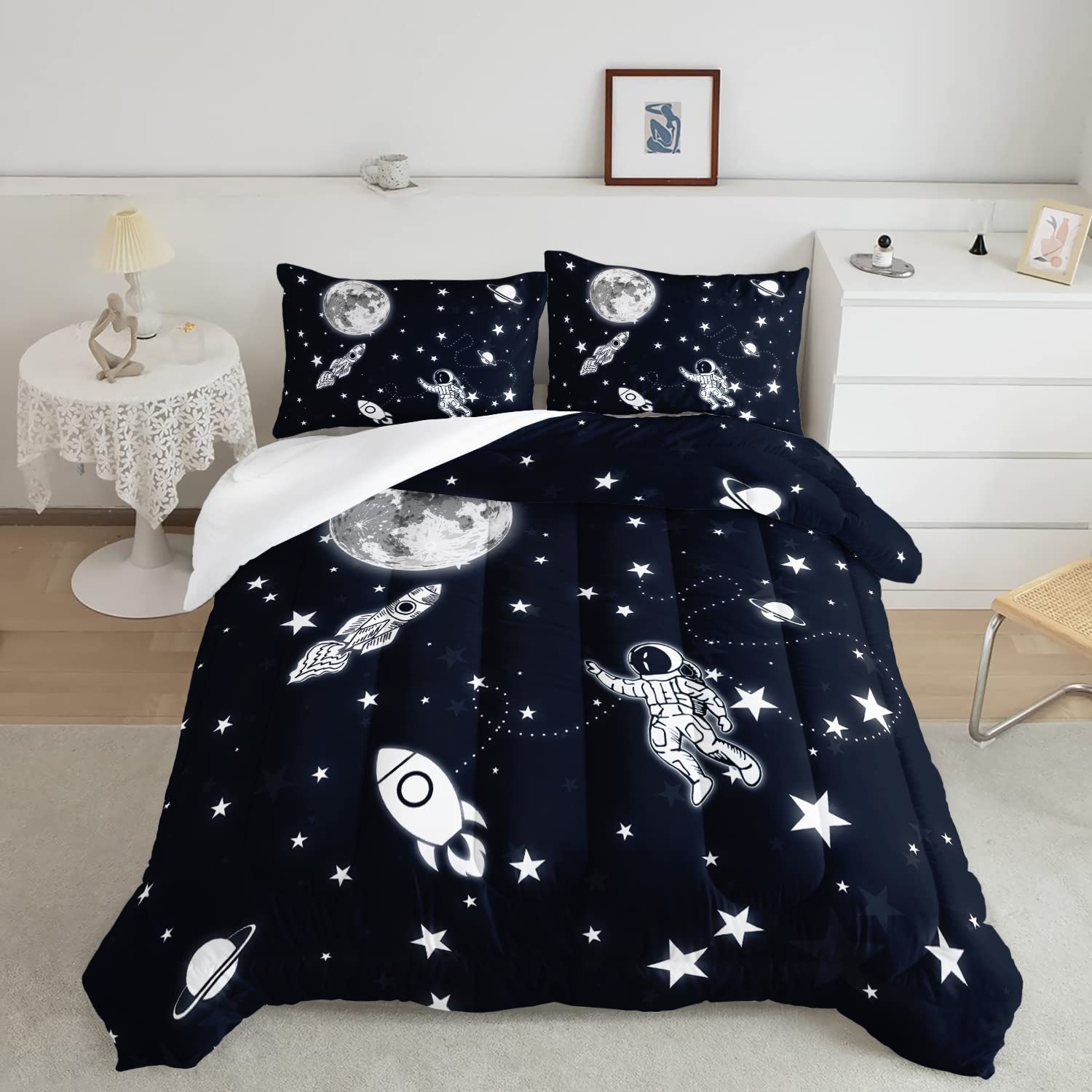 Datura home Kids Comforter Set Astronaut Space Rocket Printed Pattern Quilt Bedding Set with 1 Comforter and 2 Pillowcases for Girls Bedroom All Season(Space Rocket Full), Full 80x90inches