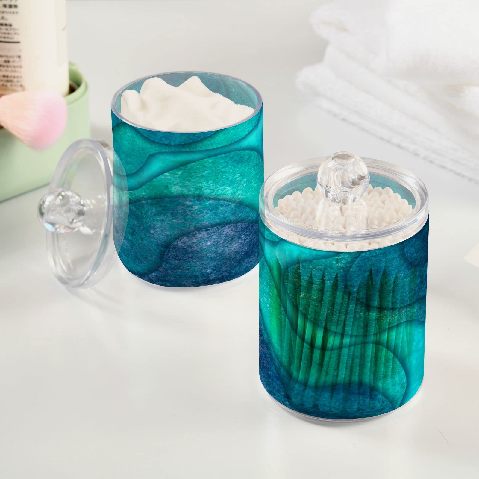 Teal Turquoise Waves Qtip Dispenser Apothecary Jars Blue Marble Texture Qtips Holder Bathroom Storage Canister Plastic Jar 10 Oz for Cotton Ball Swab Round Pads Floss 2pcs