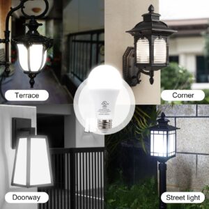 JackonLux Dusk to Dawn Light Bulbs Outdoor Automatic On/Off Sensor Bulb 8W E26 5000K Energy Saving Daylight for Porch Garage Entrance 4 Pack