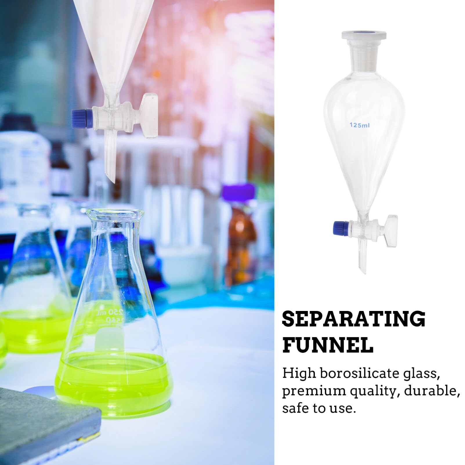 Separatory Funnel Pear Funnels, 125ml Thickened Glass Separating Funnel, Leak-Proof Screw Cap, Stopcock Style and Logo Color Random, Lab Glassware