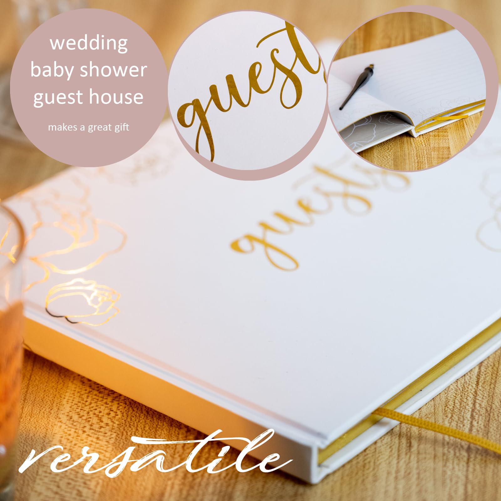 GSM Brands Wedding Guest Book, Simple Flower Bloom Line Art, 9 x 7 60 Lined Guestbook Pages, Elegant Gold Foil Embossed Design with Gold Page Edges