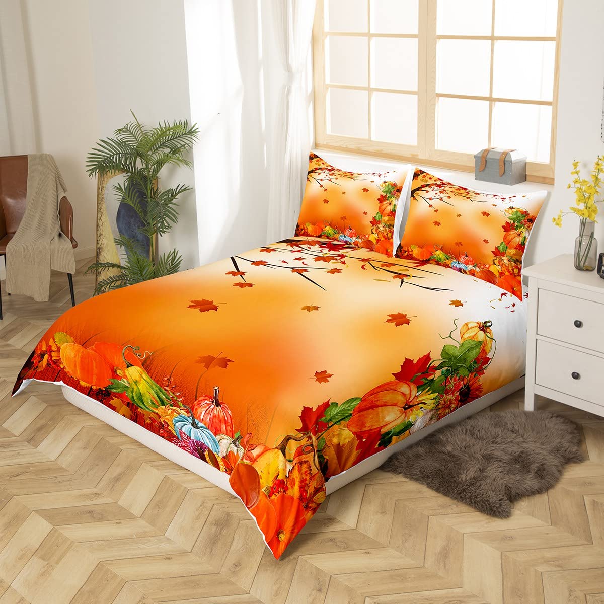 Fall Pumpkin Bedding Duvet Cover Set Halloween Themed Bedding Set Boys Girls Maple Leaves Decor Comforter Cover Set Microfiber Pumpkin Festival Bedspread Cover Bedroom Bedclothes King Size