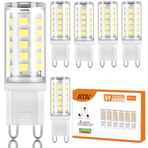 ata 6 pack g9 led bulb t4 chandelier light bulbs 4w natural white 6000k, (40w halogen replacement) g9 bi pin ceramic base, 120v ac 360°beam angle 450lm for, barthroom lamp, crystal wall lamp