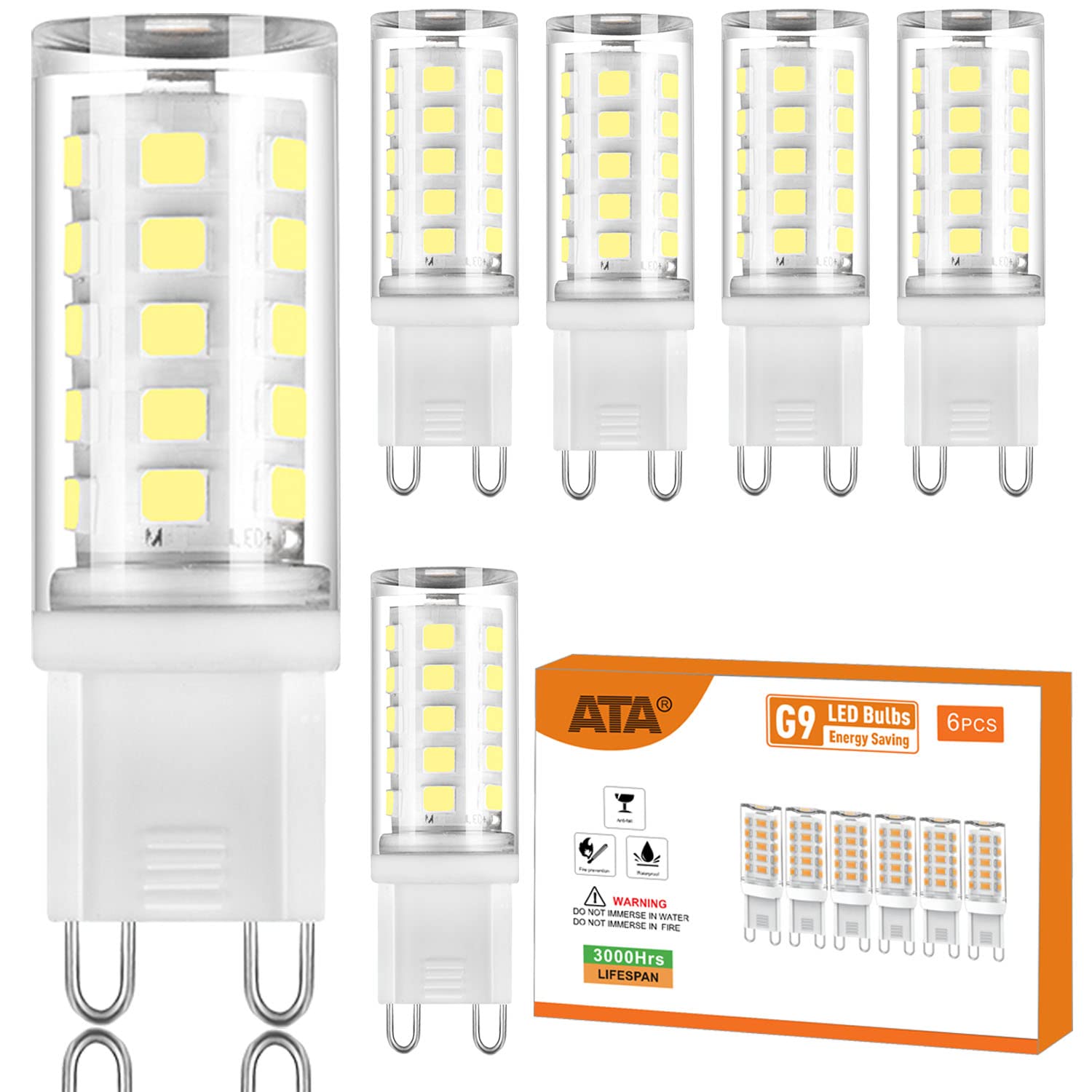 ATA 6 Pack G9 LED Bulb T4 Chandelier Light Bulbs 4W Natural White 6000K, (40W Halogen Replacement) G9 Bi Pin Ceramic Base, 120V AC 360°Beam Angle 450LM for, Barthroom Lamp, Crystal Wall Lamp