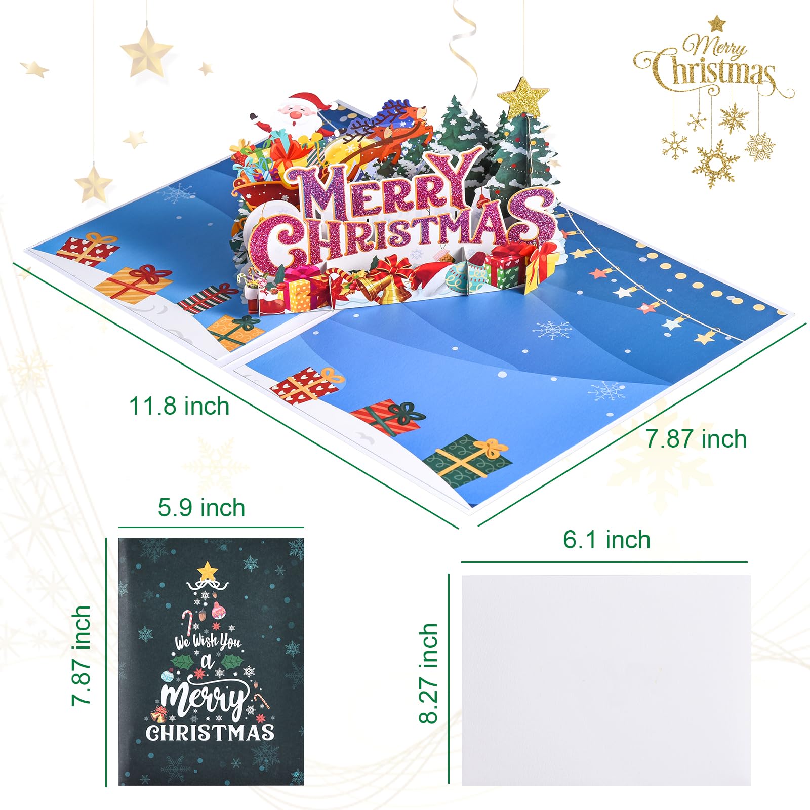 Venhoo Musical Christmas Card, 3D Christmas Pop Up Cards with Lights and Music of Merry Christmas, Double-Sides Pattern Design Holiday Greeting Card for Christmas Winter