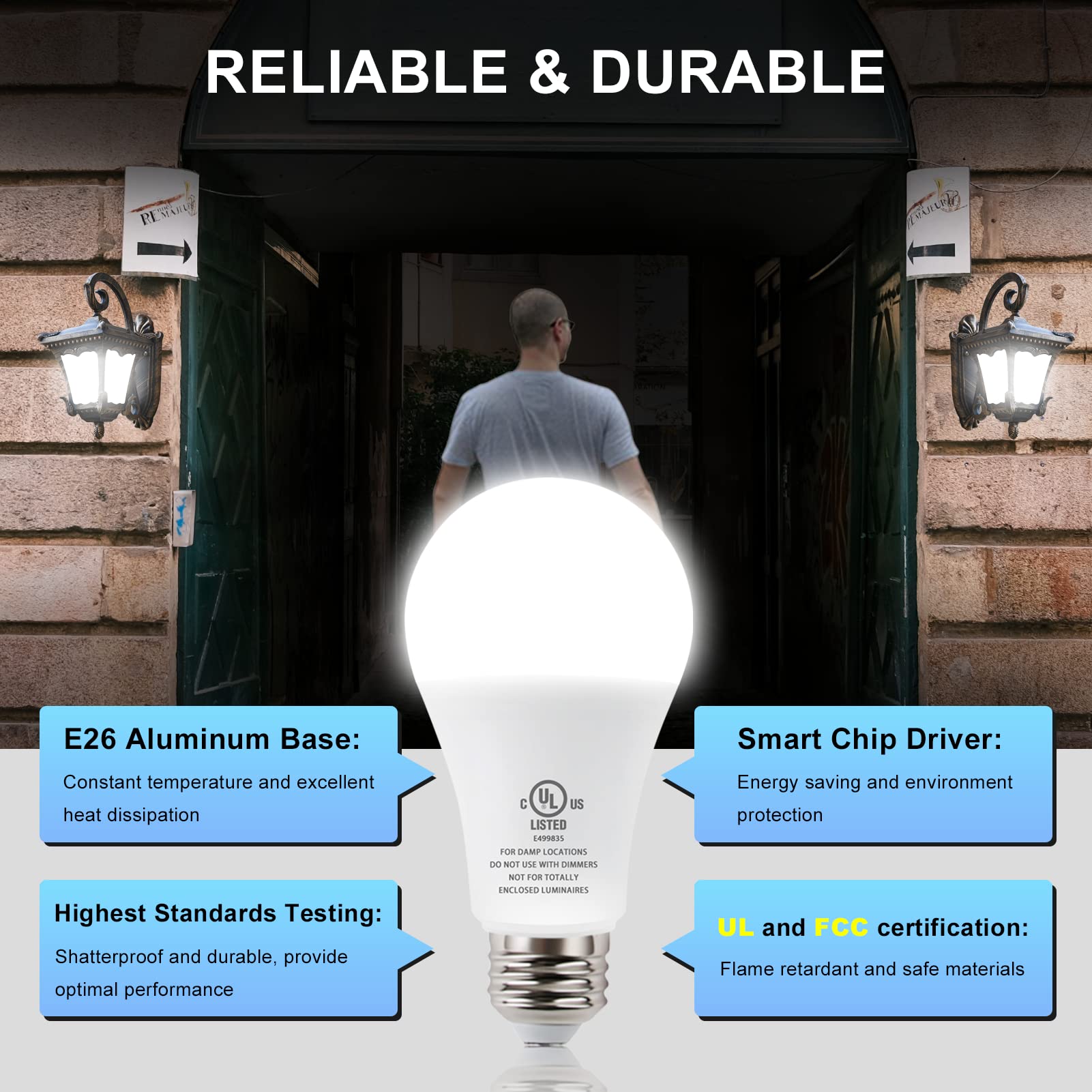 JackonLux Dusk to Dawn Light Bulbs Outdoor Automatic On/Off Sensor Bulb 8W E26 5000K Energy Saving Daylight for Porch Garage Entrance 4 Pack