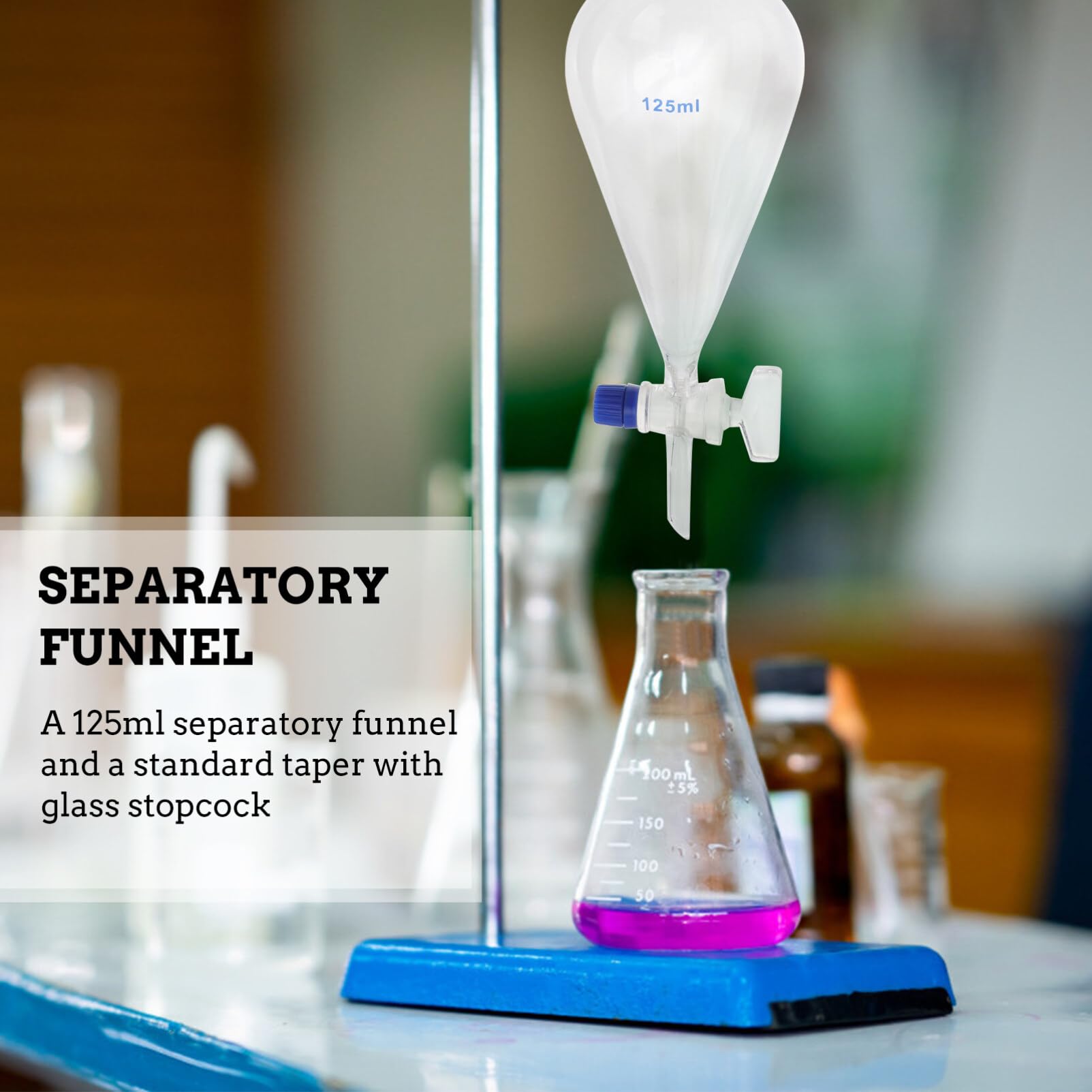 Separatory Funnel Pear Funnels, 125ml Thickened Glass Separating Funnel, Leak-Proof Screw Cap, Stopcock Style and Logo Color Random, Lab Glassware