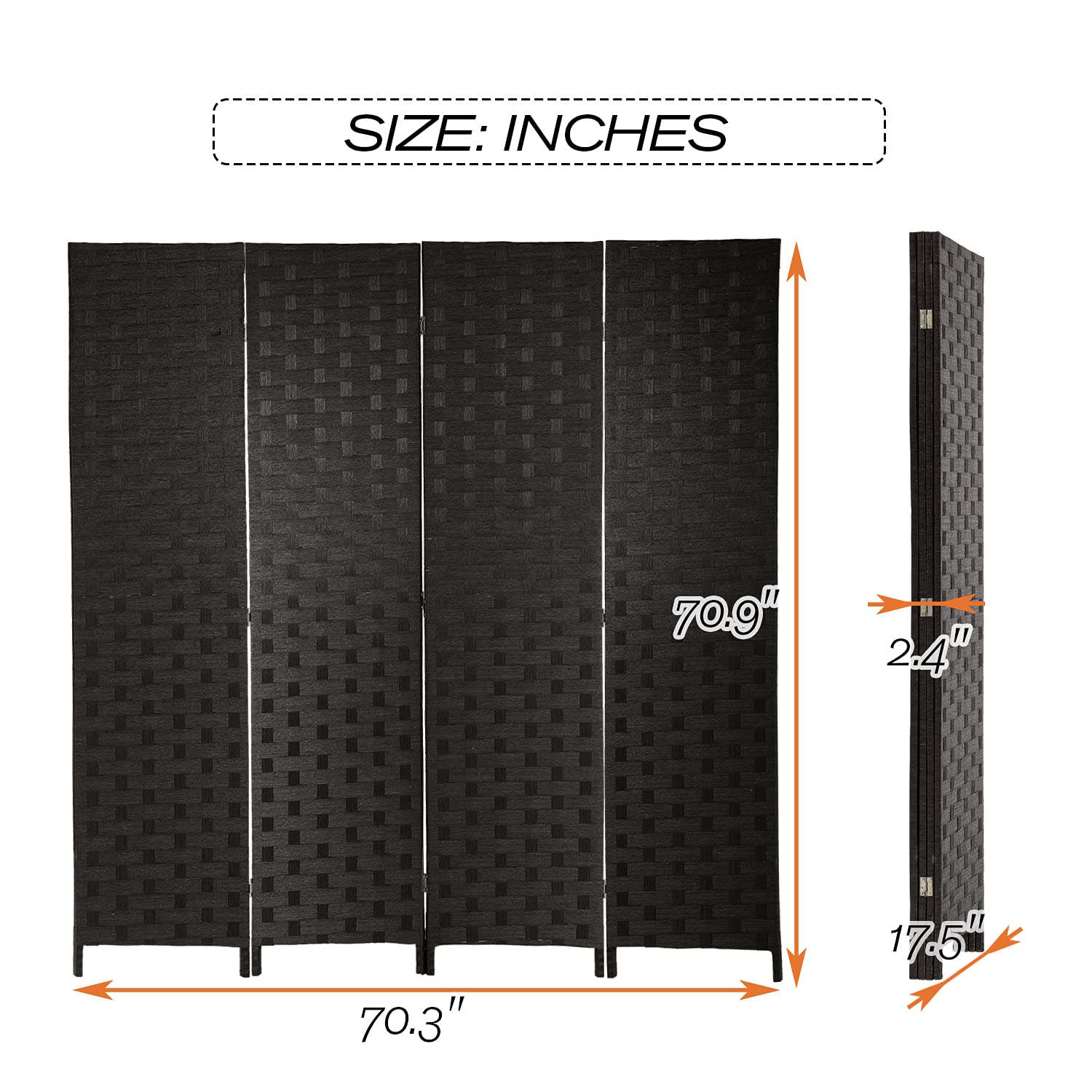 Room Divider, 6FT Wall Divider Wood Screen 4 Panels Wood Mesh Hand-Woven Design Room Screen Divider Indoor Folding Portable Partition Screen,Black