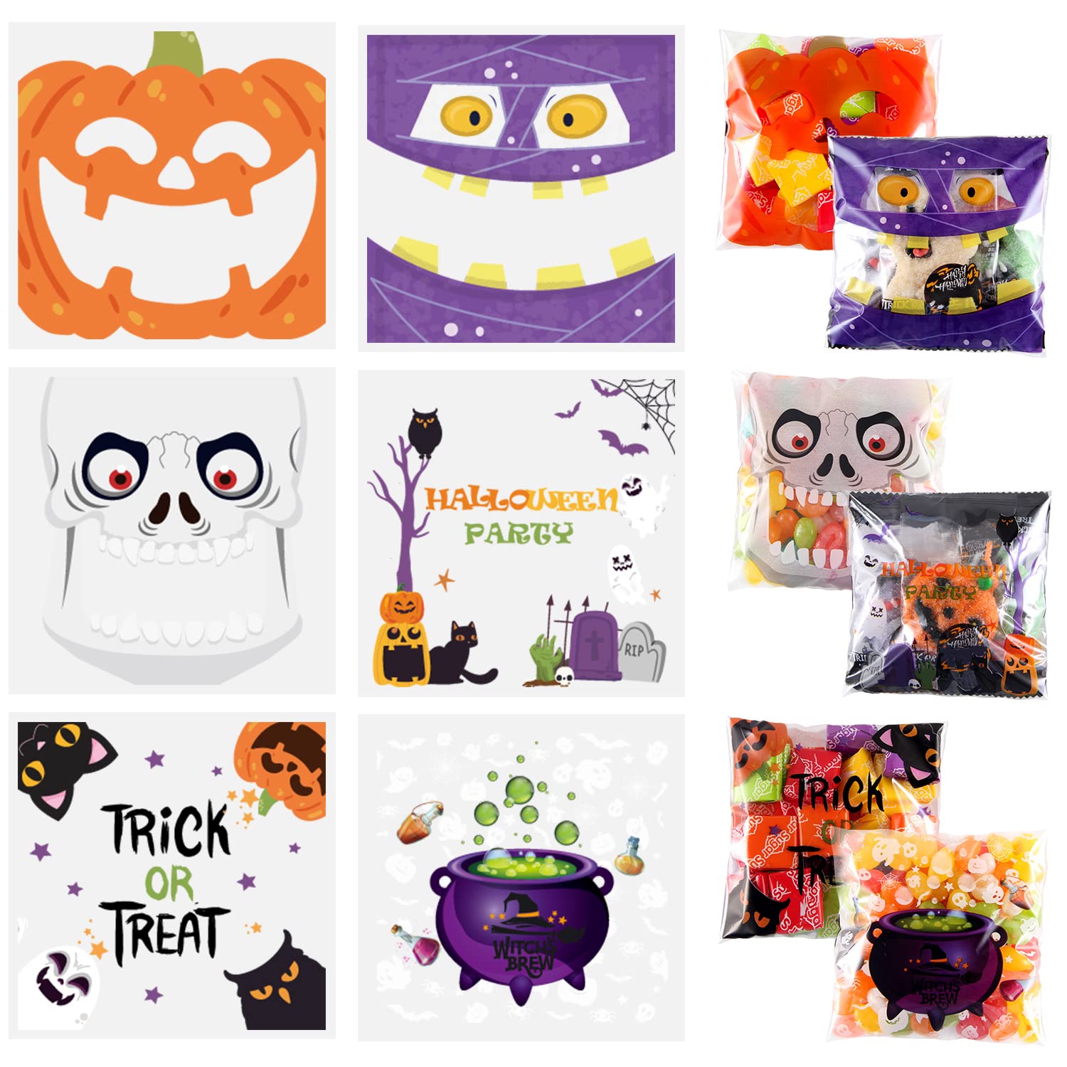 BLEWINDZ 300 Pieces Halloween Treat Bags, Small Halloween Candy Goodie Bags Self Adhesive Clear Cellophane Bags for Kids Halloween Party Favors (6 Style)