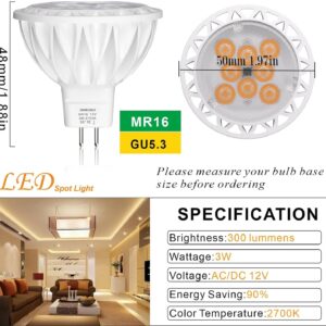 AIMEOKO MR16 LED Bulb Light Bulbs 3W (35W Halogen Equivalent) 2700K GU5.3 Base 12V Spotlight 300Lm for Landscape Recessed Track Lighting Ceiling Indoor Outdoor - 6 Pack (Warm White)