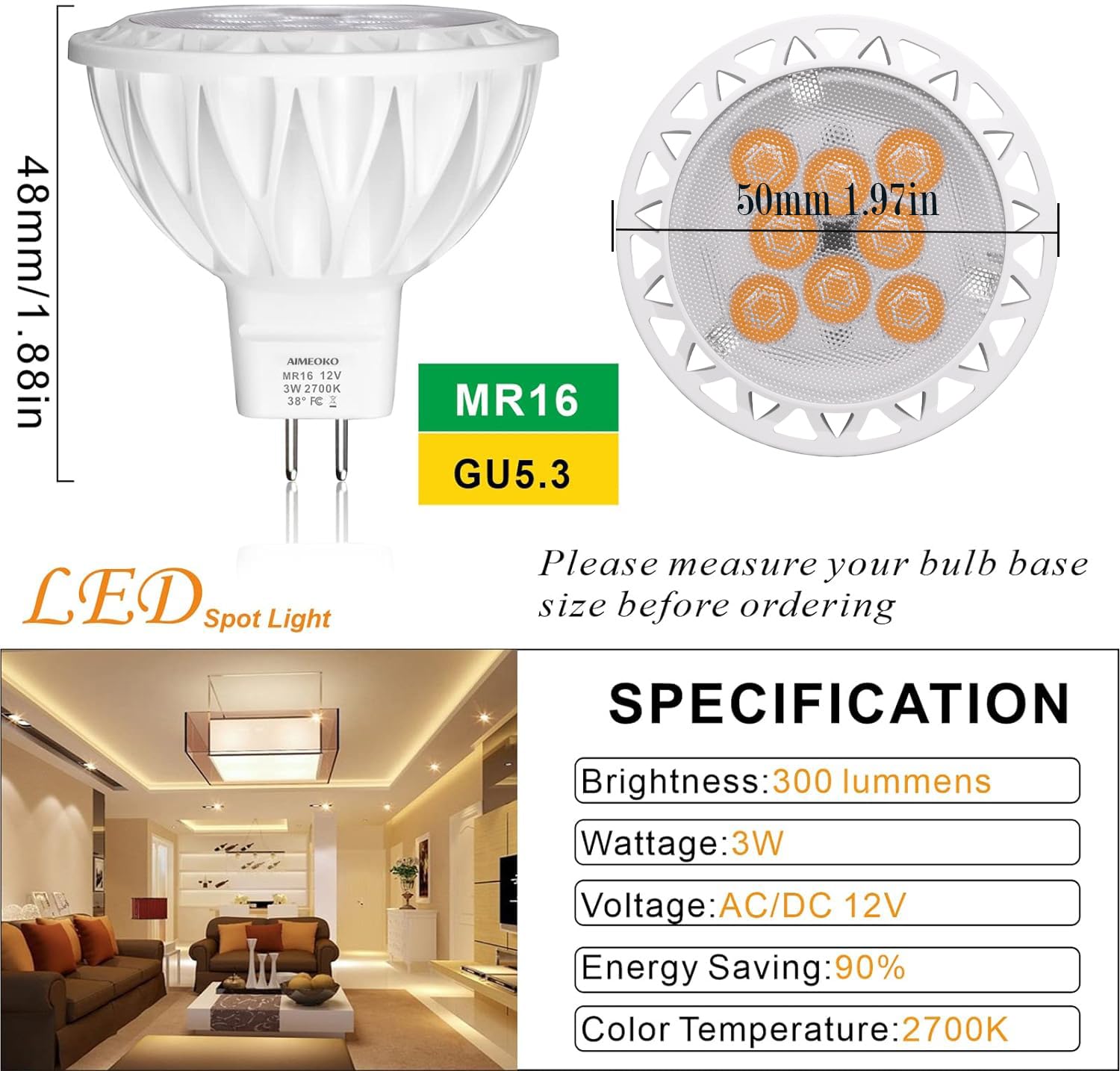 AIMEOKO MR16 LED Bulb Light Bulbs 3W (35W Halogen Equivalent) 2700K GU5.3 Base 12V Spotlight 300Lm for Landscape Recessed Track Lighting Ceiling Indoor Outdoor - 6 Pack (Warm White)