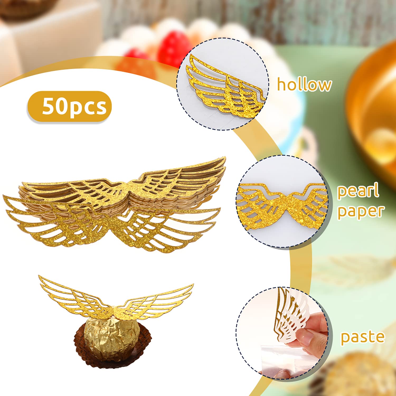 50PCS Wizard Party Chocolate Decoration Wings Chocolate Decoration, Wings Wafer Cupcake Toppers with 50pcs Glue Point, Wafer Cupcake Toppers for Anniversary Birthday Wedding