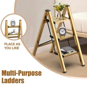 hismocal Foldable 3 Step Stool for Closet/Kitchen-Aluminium Gold Step Ladder Steps Stools, Folding 330lbs Lightweight Ladders with Anti-Slip Wide Pedal, Portable Kids/Adults Ladder