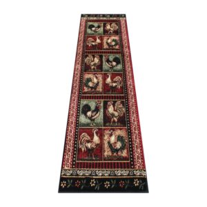 flash furniture gallus collection rooster themed olefin area rug - black background - 2' x 7' - jute backing - kitchen, living room, bedroom