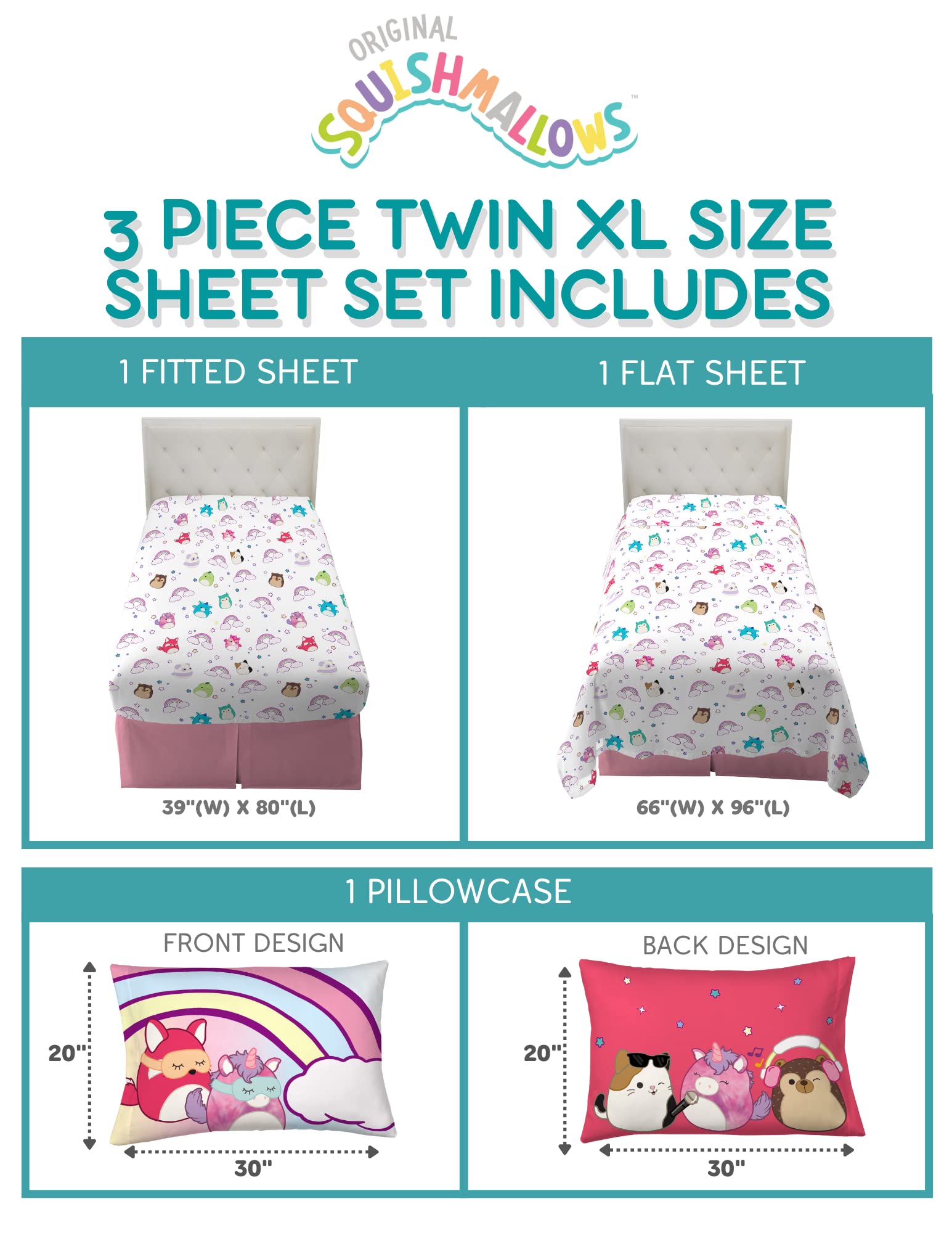 Franco Collectibles Squishmallows Bedding Super Soft Microfiber Sheet Set, Twin XL, College Dorm Essentials (Officially Licensed Product)