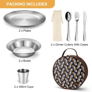 Odoland Bundle - 2 Items Portable LED Camping Lantern with Ceiling Fan and Polished Stainless Steel Camping dinnerware