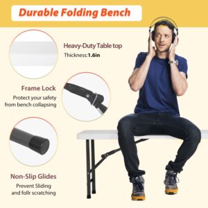 FDW 6FT Bench Chair Plastic Folding Bench Plastic Portable Outdoor Bench Garden Bench with Carrying Handle and Lock for Camping Picnic Party Dining 2 Pack White