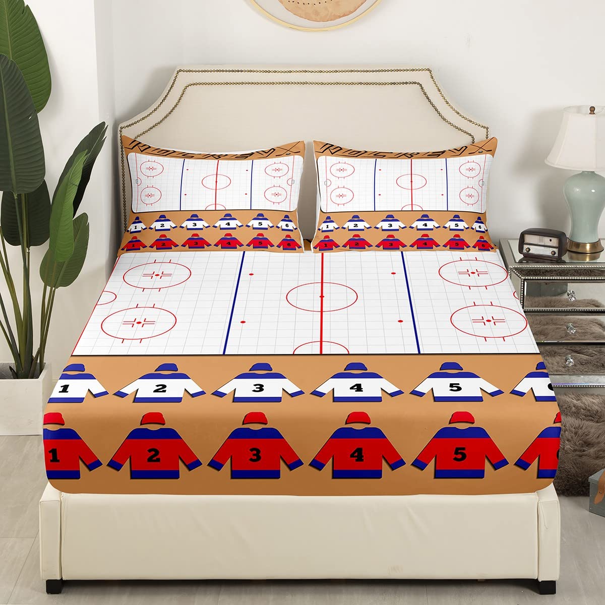 Ice Hockey Kids Fitted Sheet Twin Size,Abstract Ice Hockey Field Bedding Set,Boys Adults Bedroom Decor,Sportswear Winter Games Bed Cover,Stylish Brown Modern Bed Sheet,2pcs,1 Pillowcase