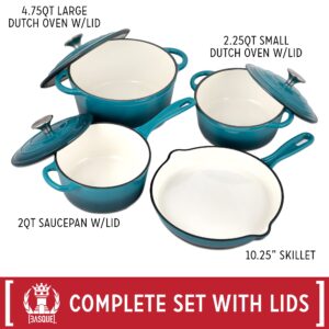 Basque Enameled Cast Iron Cookware Set, 7-Piece Set (Biscay Blue), Nonstick, Oversized Handles, Oven Safe; Skillet, Saucepan, Small Dutch Oven, Large Dutch Oven, 10.25", 2QT, 2.25QT, 4.75QT