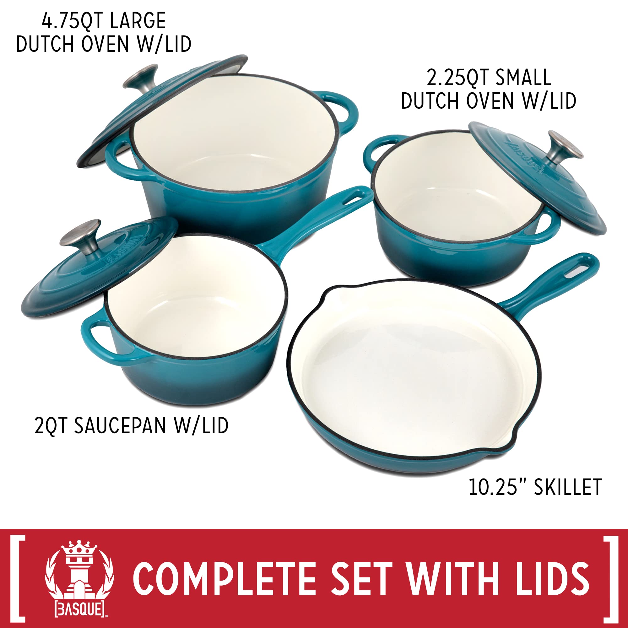 Basque Enameled Cast Iron Cookware Set, 7-Piece Set (Biscay Blue), Nonstick, Oversized Handles, Oven Safe; Skillet, Saucepan, Small Dutch Oven, Large Dutch Oven, 10.25", 2QT, 2.25QT, 4.75QT