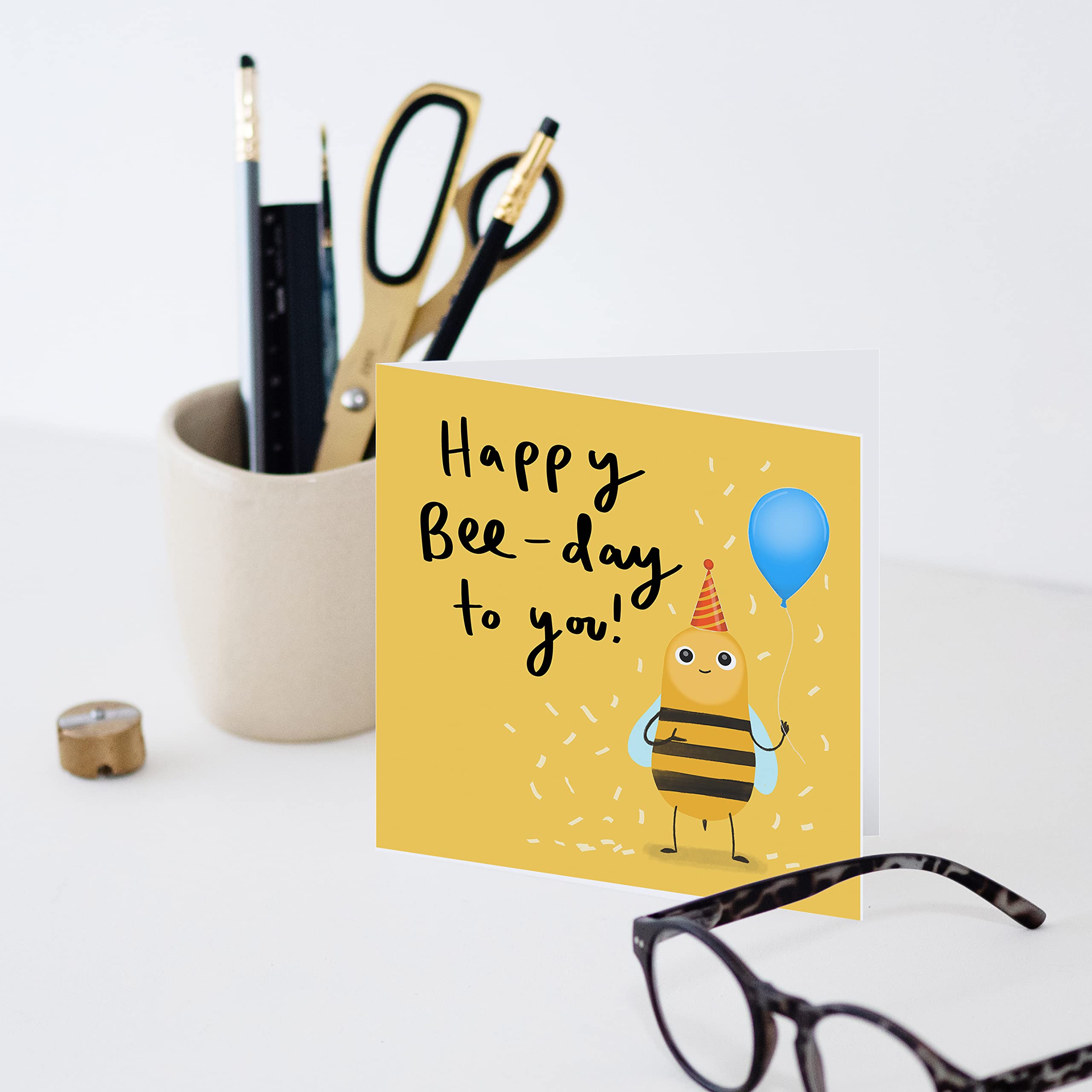 Old English Co. Happy Bee-Day Birthday Card - Fun Cute Bee Card for Adults and Children | Funny Pun Birthday Wishes for Him or Her | Blank Inside & Envelope Included