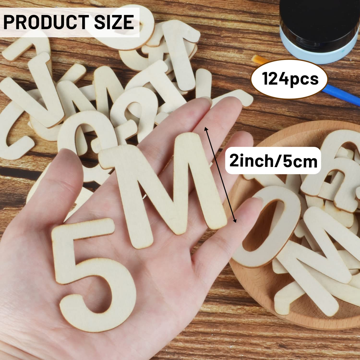 124 Pcs Wooden Letters 2 Inch for Crafts Unfinished Capital Wooden Alphabet Letters and Numbers Focal20 Small Wood Letters for DIY Painting Arts Home Decorations Kids Spelling Learning