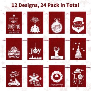 MIMIND 24 Pack Christmas Linen Bags with Drawstrings 7 x 5 Inch Burlap Gift Bags Christmas Burlap Goody Present Bags with Cards for Party Favor, 12 Designs, Wine Red