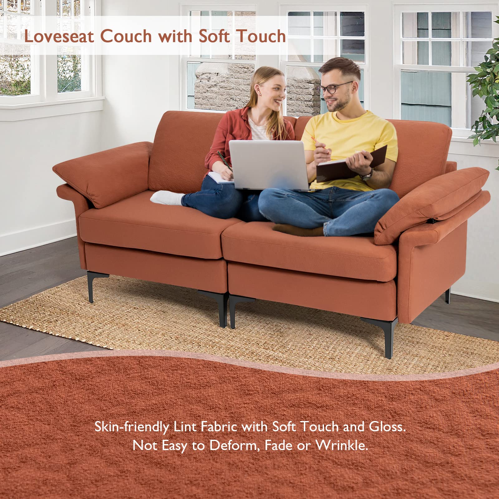 Giantex 72.5" L Loveseat, 2-Seat Sofa Couch with Removable Armrest Pillows, Metal Frame Legs, Comfy Cushions, Modern Furniture for Living Room Reception Room Office, Easy Assembly, Red