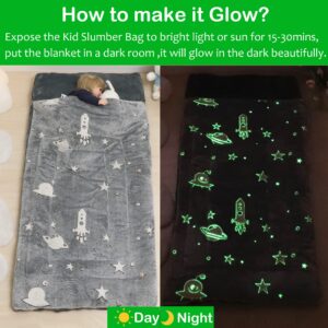 Kids Sleeping Bag Glow in The Dark Slumber Bag for Boys and Girls Padded Nap Mats for Preschool Grey Galaxy Stars Rocket Shining Luminous Sleepover Sack for Toddler Daycare Kindergarten