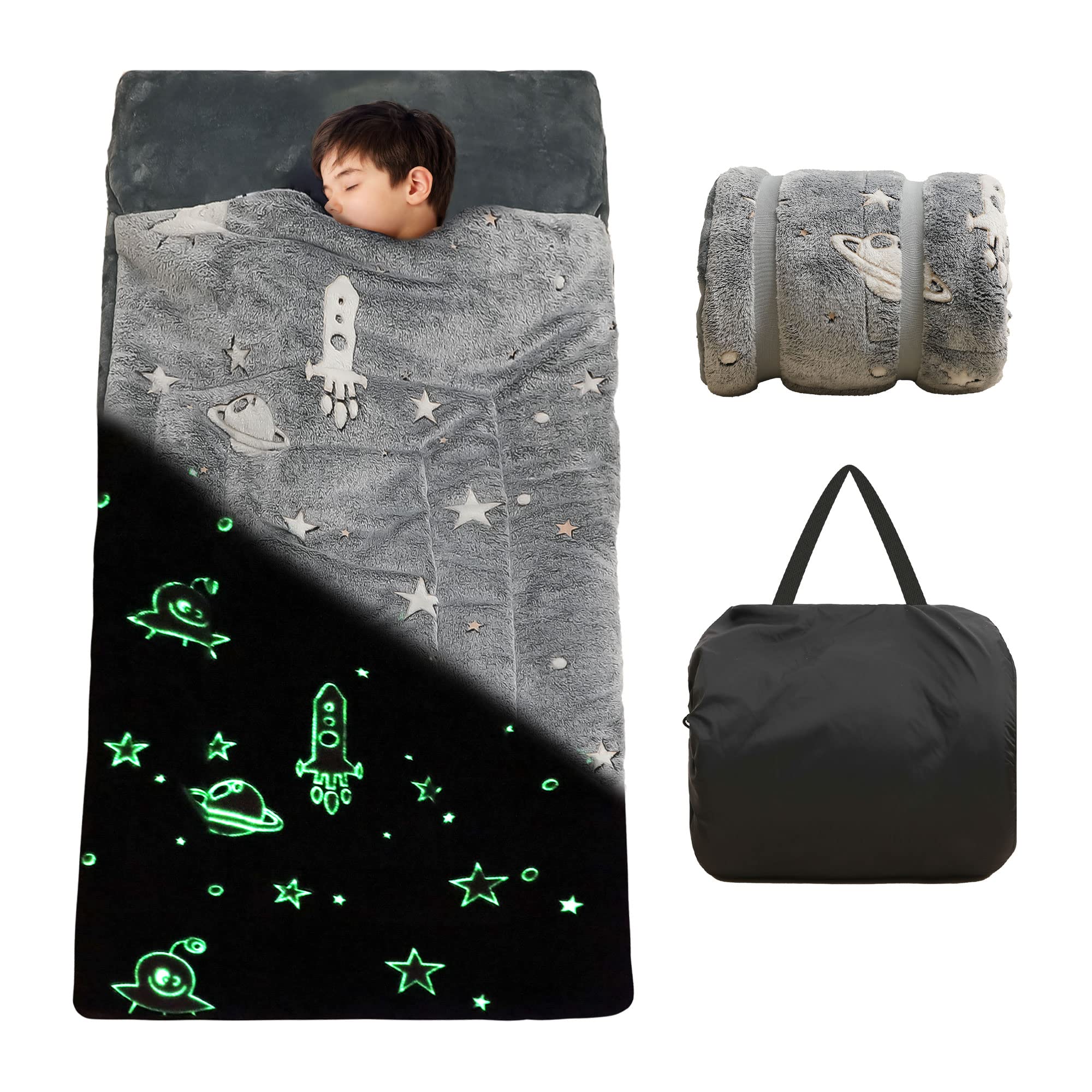 Kids Sleeping Bag Glow in The Dark Slumber Bag for Boys and Girls Padded Nap Mats for Preschool Grey Galaxy Stars Rocket Shining Luminous Sleepover Sack for Toddler Daycare Kindergarten