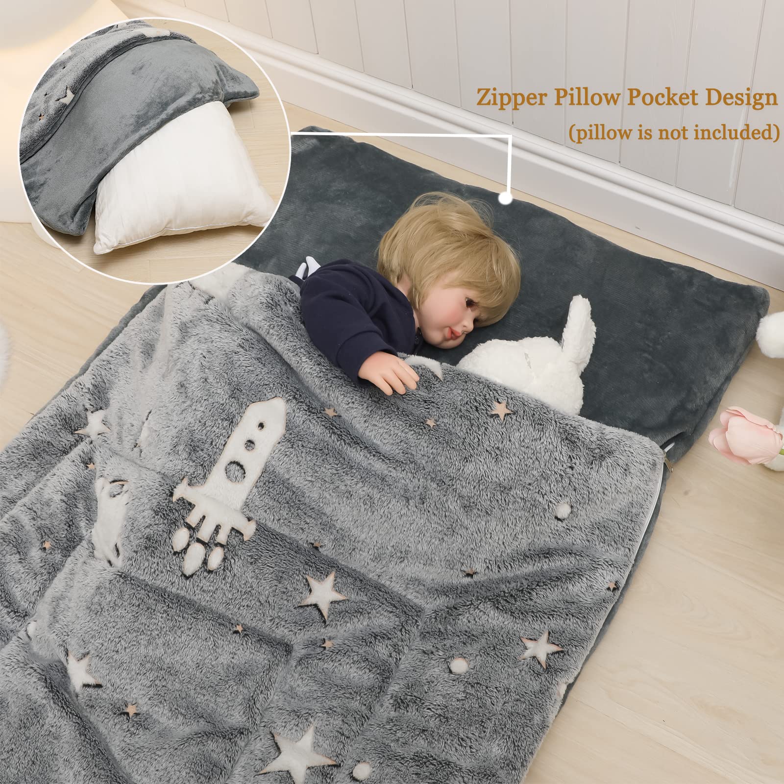 Grey Kids Sleeping Bags for Boys Girls Glow in The Dark Stars Space Slumber Bag Super Soft Nap Mat for Daycare Sleepovers | with Zipper Pillow Pocket and Carrying Bag