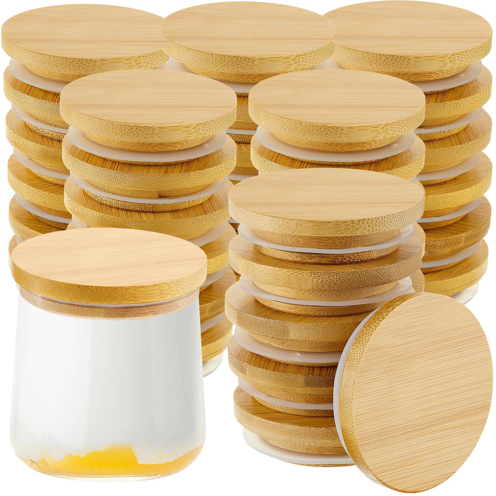 Sawysine Yogurt Jar Lids Set Reusable Bamboo Wooden Lids Round Canning Lids with Silicone Sealing Rings Compatible with Oui Yogurt Jars Jar Not Included(36 Pack)