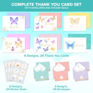 Decorably Thank You Cards with Envelopes & Stickers, Gold-Foiled Kid Cards - 24 Pack Butterfly Thank You Cards with Envelopes Butterfly, Blank Inside 6x4in Thank You Cards Butterfly Note Cards