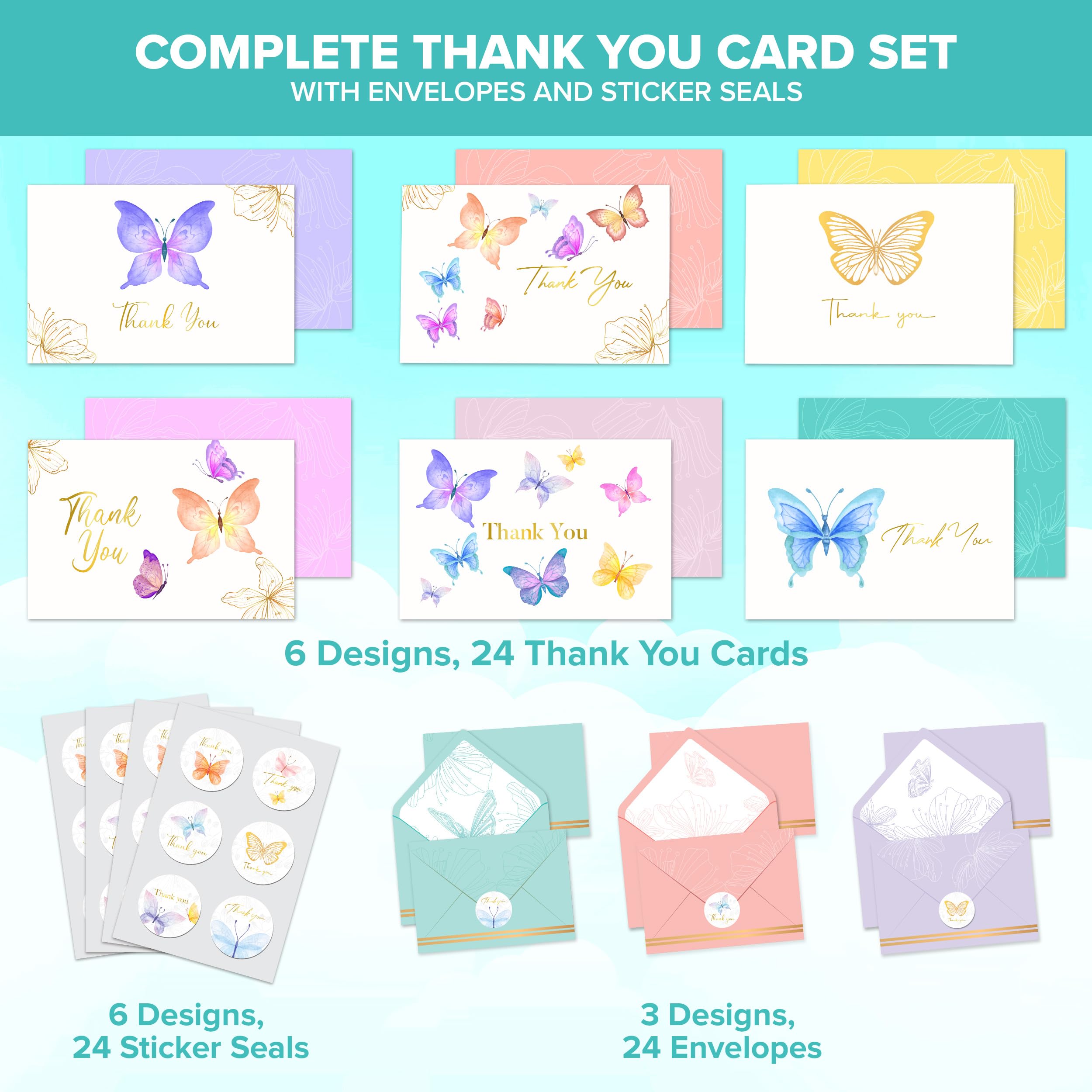 Decorably Thank You Cards with Envelopes & Stickers, Gold-Foiled Kid Cards - 24 Pack Butterfly Thank You Cards with Envelopes Butterfly, Blank Inside 6x4in Thank You Cards Butterfly Note Cards