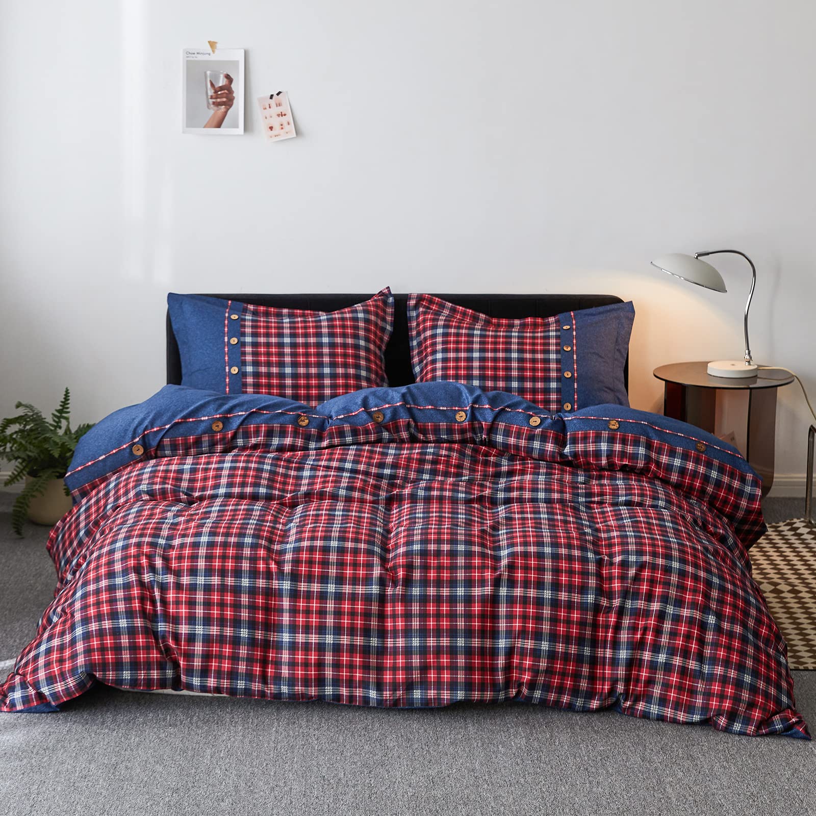 Simple&Opulence 100% Cotton Buffalo Check Plaid Printed Duvet Cover Set, 3 Pieces Bedding Set Including 1 Comforter Cover and 2 Pillow Shams, Soft and Comfortable (King,Red)