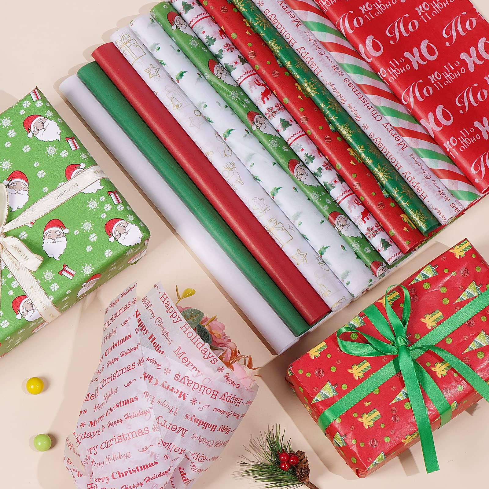 Blisstime Christmas Tissue Paper, 180 Sheets 19.7" x 19.7" Xmas Wrapping Paper in 12 Different Designs Christmas Series Tissue Paper Bulk for Gift Wrapping Wine Bottles DIY Crafts Decor