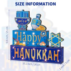 ANVAVO 5 Pieces Hanukkah Wooden Signs Happy HANUKKAH LIGHT IT UP Wooden Blocks Signs with LED Lights for Hanukkah Living Room Bedroom Tabletop Decorations