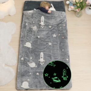 Kids Sleeping Bag Glow in The Dark Slumber Bag for Boys and Girls Padded Nap Mats for Preschool Grey Galaxy Stars Rocket Shining Luminous Sleepover Sack for Toddler Daycare Kindergarten