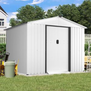 crownland outdoor vented backyard garden storage shed 6 x 8 feet tool house with sliding door outdoor lawn steel roof sheds (white), 6x8ft