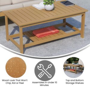 Flash Furniture Charlestown Two Tiered Commercial Grade Adirondack Coffee Table - Natural Cedar Finish Poly Resin Wood - All-Weather - Slatted Shelf Design