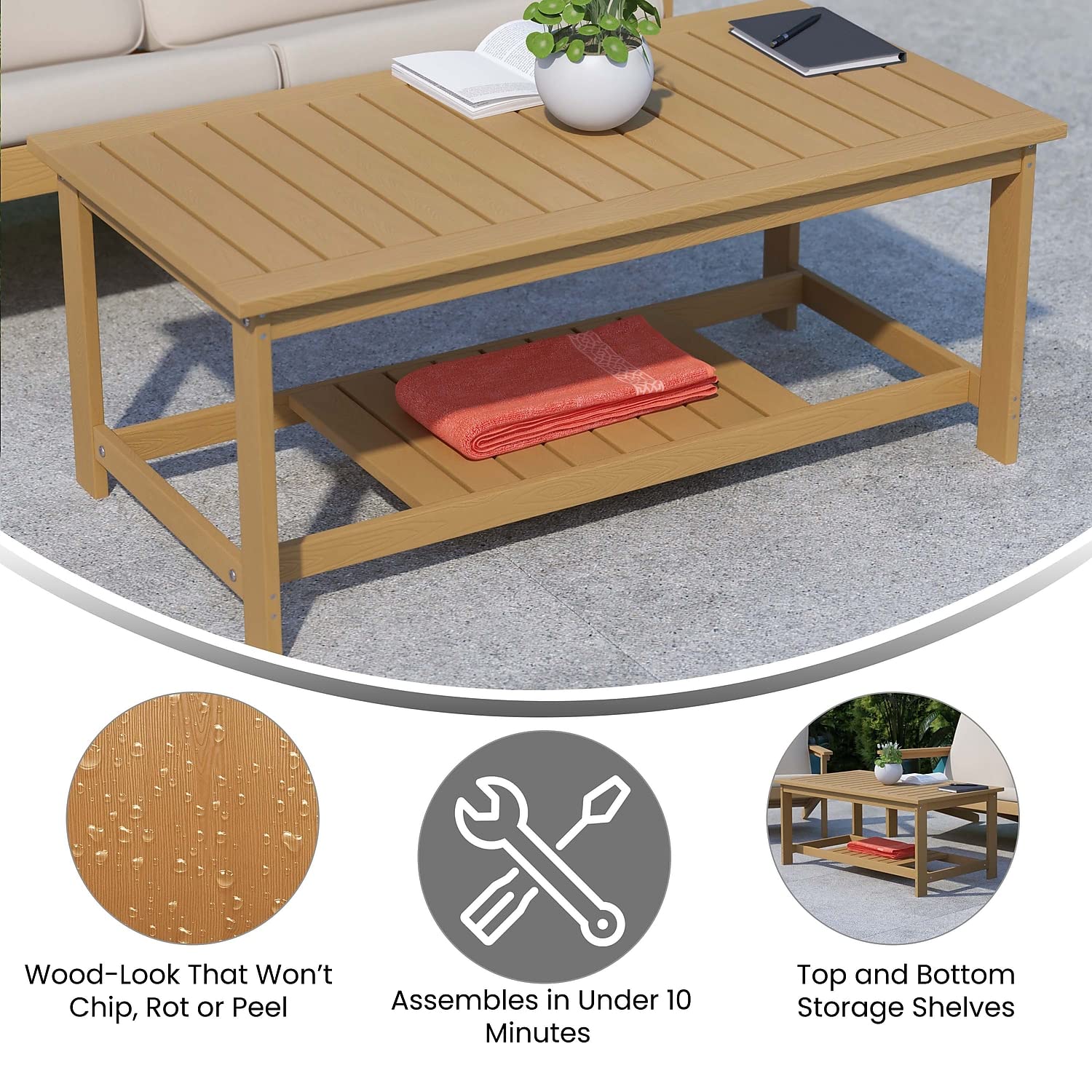 Flash Furniture Charlestown Two Tiered Commercial Grade Adirondack Coffee Table - Natural Cedar Finish Poly Resin Wood - All-Weather - Slatted Shelf Design