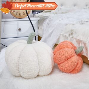 Juexica Halloween Stuffed Pumpkin Fluffy Plush Toy 3D Shaped Decorative Thanksgiving Pillow Soft Cute Throw, 11 Inch, 7 Inch(White, Orange, 2 Pcs)