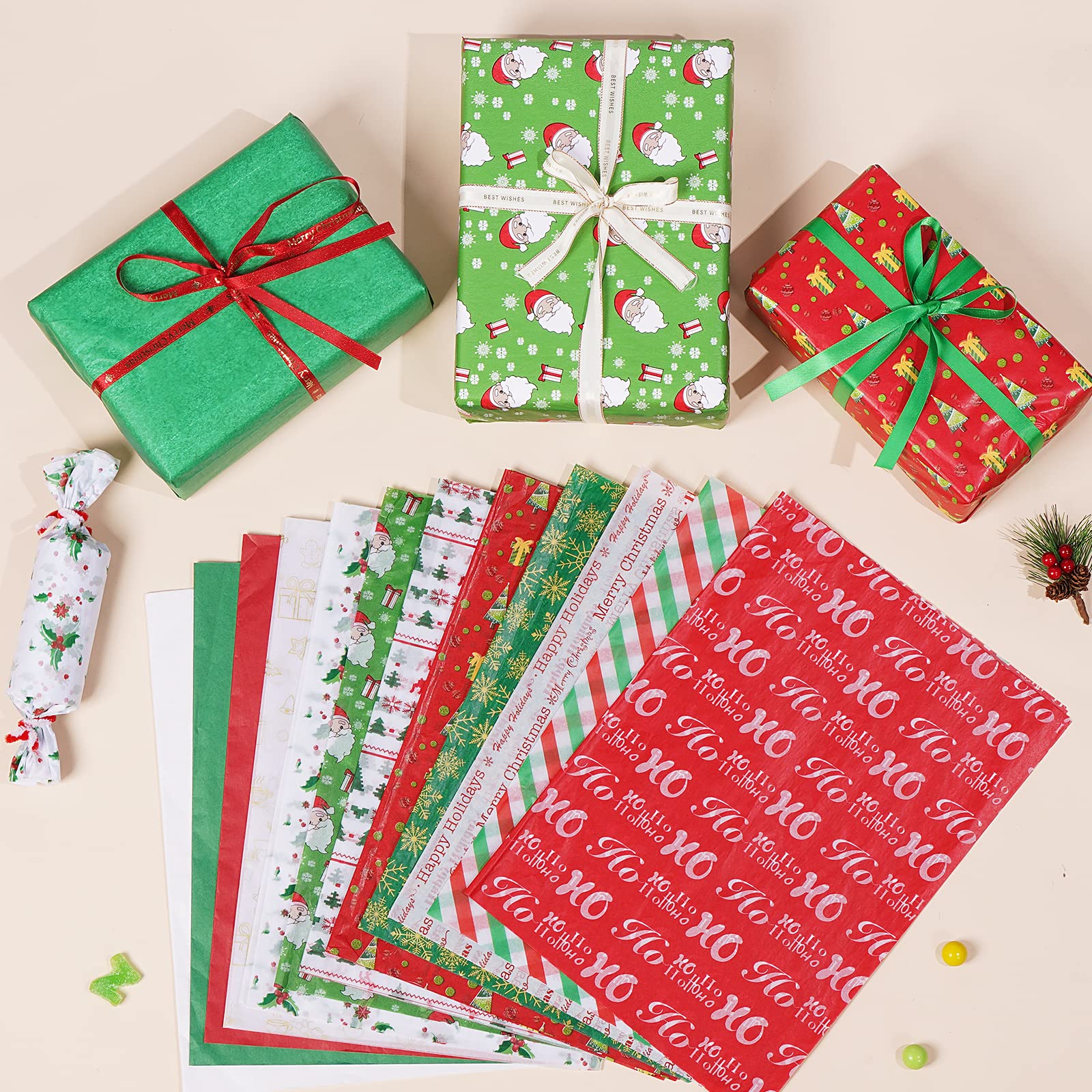 Blisstime Christmas Tissue Paper, 180 Sheets 19.7" x 19.7" Xmas Wrapping Paper in 12 Different Designs Christmas Series Tissue Paper Bulk for Gift Wrapping Wine Bottles DIY Crafts Decor