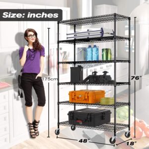 HCB 6-Tier Storage Shelf Heavy Duty Wire Shelving Unit 76"x48"x18" Height Adjustable Metal Steel Wire with Casters for Restaurant Garage Pantry Kitchen Rack (Black)