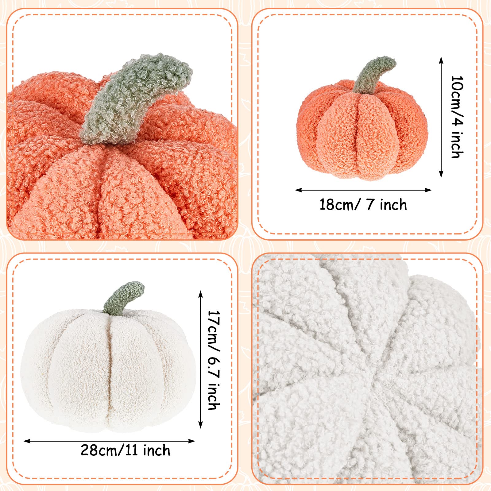 Juexica Halloween Stuffed Pumpkin Fluffy Plush Toy 3D Shaped Decorative Thanksgiving Pillow Soft Cute Throw, 11 Inch, 7 Inch(White, Orange, 2 Pcs)