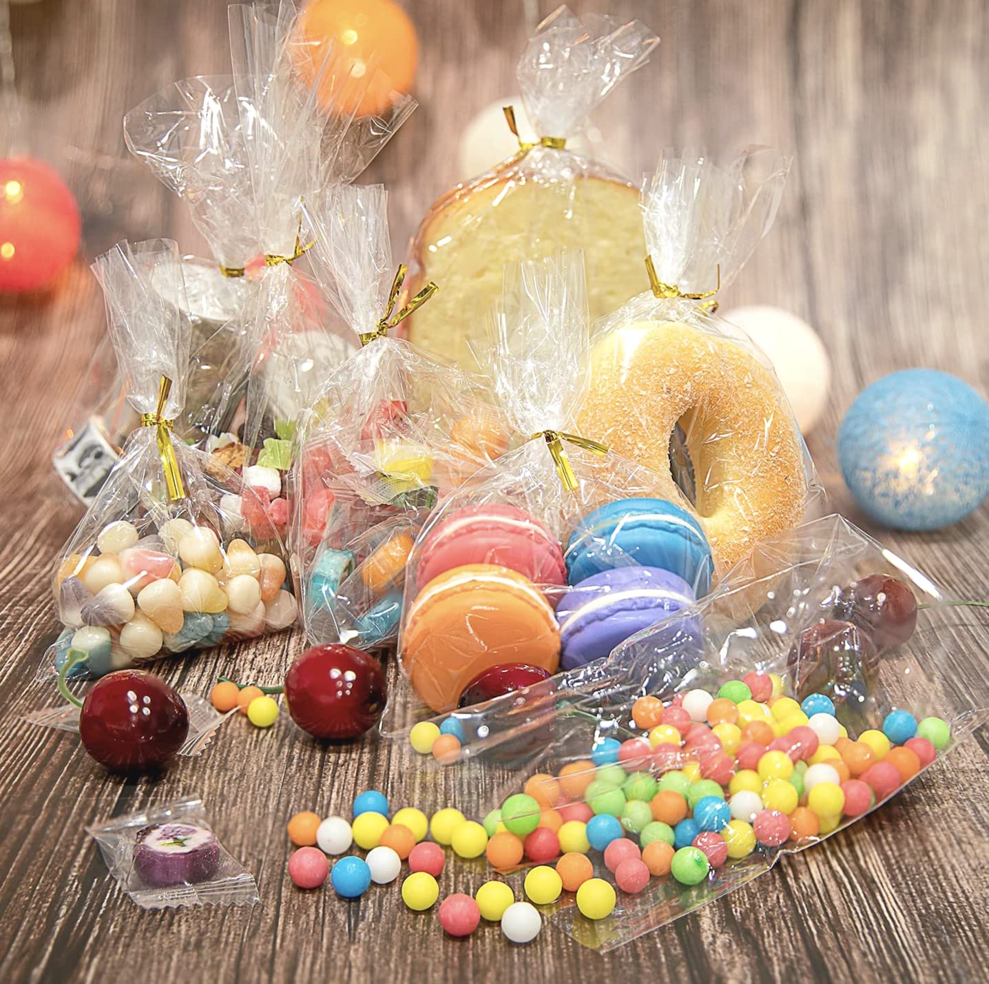 Clear Treat Bags (200 pack) - 4x6 Clear Plastic Gift Bags with 4” Twist Ties 3 Mix Colors - BPA-free Clear Candy Bags for Packaging - Thick OPP Cookie Bags for Wedding, Cakes, Pops, Gift