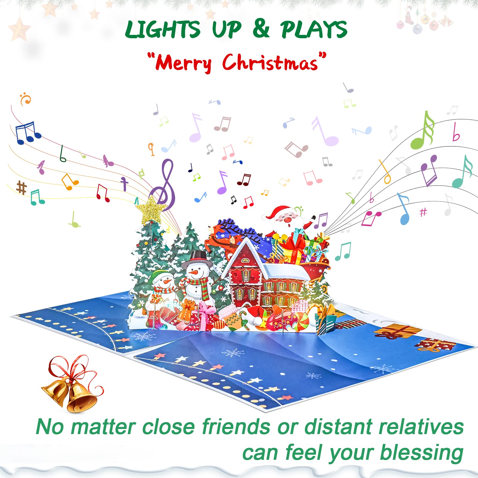 Venhoo Musical Christmas Card, 3D Christmas Pop Up Cards with Lights and Music of Merry Christmas, Double-Sides Pattern Design Holiday Greeting Card for Christmas Winter