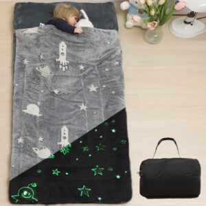 grey kids sleeping bags for boys girls glow in the dark stars space slumber bag super soft nap mat for daycare sleepovers | with zipper pillow pocket and carrying bag